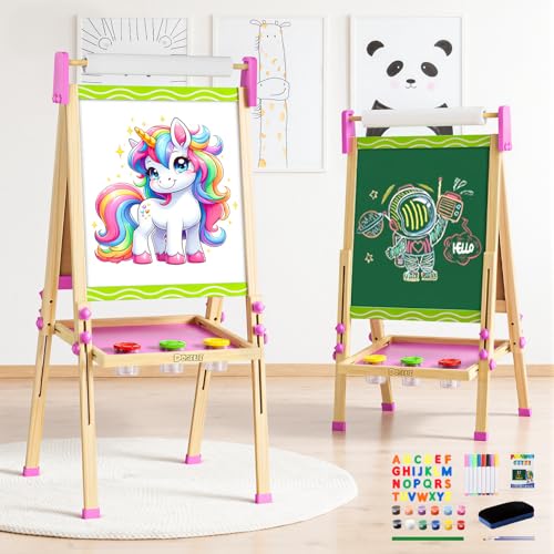 Doselie Easel for Kids,Adjustable Wooden Kids Art Easel with Paper