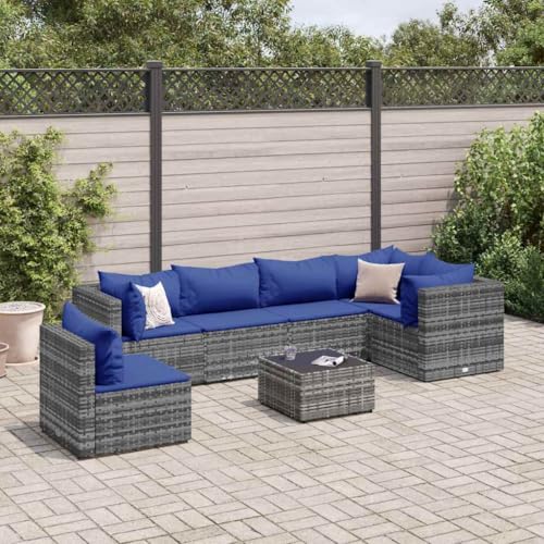 Kaloriko 7-Piece Outdoor Lounge Set, Grey Poly Rattan, Modular Garden Furniture Set with Cushions, UV-Resistant, Powder Coated Steel Frame, Glass Coffee Table for Patio & Balcony