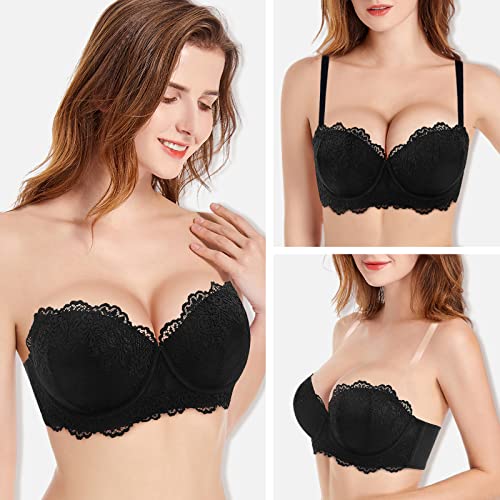 Lingesxy Strapless Push Up Balconette Convertible Lace Padded Multiway Underwire Bra With Clear Straps Add 2 Cups #TOP4