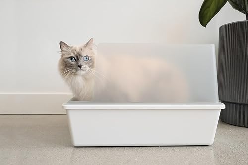Miniatura 5 de Caja de arena para gatos de alta cara, parte superior abierta, plástico antiadherente, caja de arena para gatos de bajo seguimiento, color blancogris