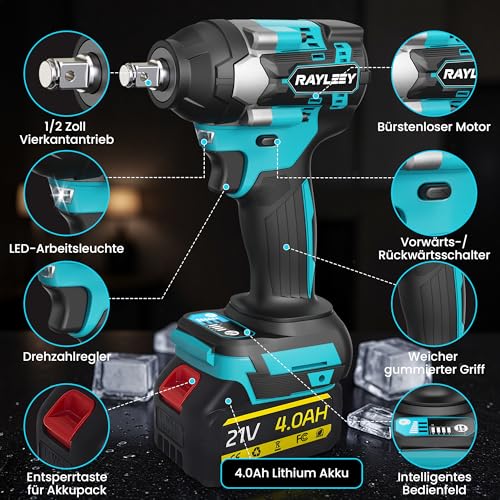 Akku-Schlagschrauber für Makita 18V, 1000 N.m(740 Ft-lbs),1/2 Zoll Bürstenloser Elektro-Schlagschrauber mit 3300 U/min, 2x 4.0Ah Akku & Ladegerät, 6 Steckschlüsselsatz für Autoreifen, Gerüstbau,DIY