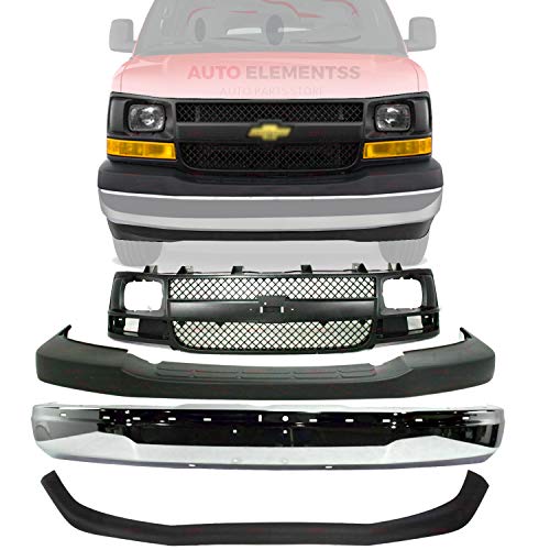 NEW FRONT BUMPER CHROME STEEL + GRILLE + UPPER COVER & LOWER VALANCE AIR DEFLECTOR TEXTURED FOR 2003-2017 CHEVROLET EXPRESS/GMC SAVANA VAN DIRECT REPLACEMENT 22890548 22816424 12335714 25758613 NEW FRONT BUMPER CHROME STEEL + GRILLE + UPPER COVER & LOWER VALANCE AIR DEFLECTOR TEXTURED FOR 2003-2017 CHEVROLET EXPRESS/GMC SAVANA VAN DIRECT REPLACEMENT 22890548 22816424 12335714 25758613