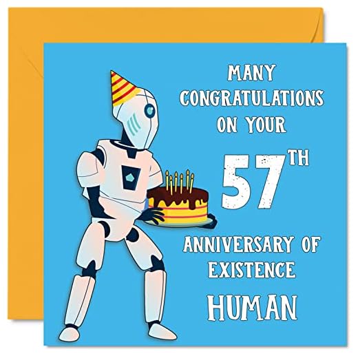 Divertidas tarjetas de cumpleaños 57 para hombres y mujeres, robot droid, tarjeta de feliz cumpleaños para papá, mamá, abuelo, niñera, amigo, 145 mmx145 mm broma humor broma tarjetas de felicitación