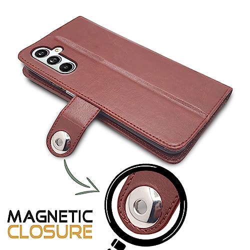 Image of Pikkme Samsung Galaxy F54 / M54 5G Flip Cover Leather Finish | Inside TPU with Card Pockets | Wallet Stand and Shock Proof | Complete Protection Button Flip Case (Brown)