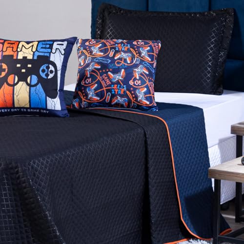 Kit Cobre Leito Colcha SOLTEIRO 04 Peças Gamer Day Preto/Azul Marinho Dupla Face com Almofadas Estam