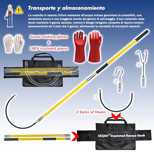Image of 6FT Insulated Rescue Hook Withstand 66KV,UL-Certified Hotstick Rescue Hook | High Voltage Electrical Rescue Hook ASTM F711 Compliant Fiberglass Rescue Pole with 3 Style Hooks & 10KV Insulated Gloves