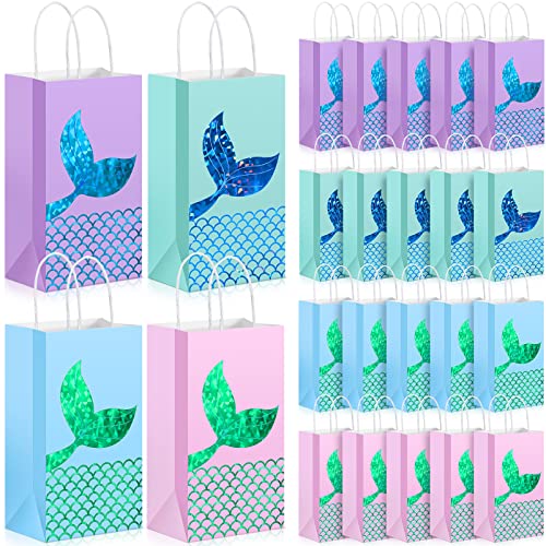 24 Pieces Mermaid Party Favors Bags Mermaid Candy Bags for Birthday Party Mermaid Tail Birthday Goodie Present Bags Mermaid Paper Treat Bags for Kids Girls Mermaid Themed Party Decorations