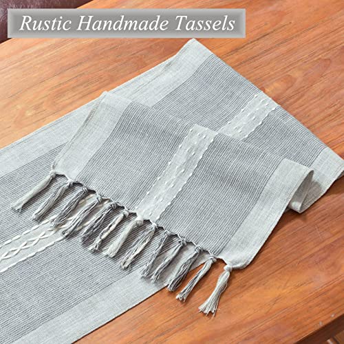 Wracra Embroidered Table Runner Linen Table Runners 60 inches Long with Hand-Tassels for Holiday Party, Wedding and Dining Decorations(Grey, 13\"×60\")