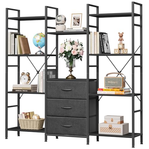 OYRREU 120W x142Hcm Bücherregal mit 4 Stoffschubladen, Standregal Bücher Regal Küchenregal für Wohnzimmer Büro Balkon Bookshelf Kitchen Storage Shelf Lagerregale Bookcase, Metallregal Retro Schwarz
