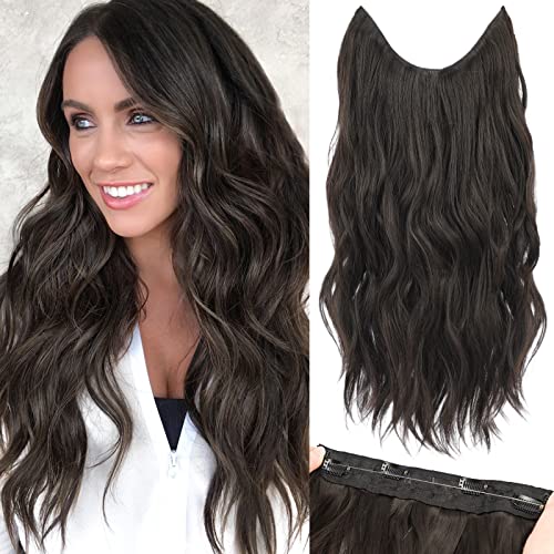 BOGSEA Hair Extensions,Invisible Wire Hair Extensions,Clip in Hair Extensions with Invisible Wire Adjustable Size,20 Inch Dark Brown Hair Extensions, Long Wavy Hairpiece for Women