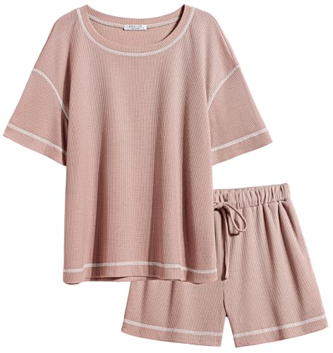 Image of Ekouaer Women's Waffle Knit Two Piece Lounge Set, Soft Matching Outfits for Daily Wear, Casual Shorts Set with Pocket