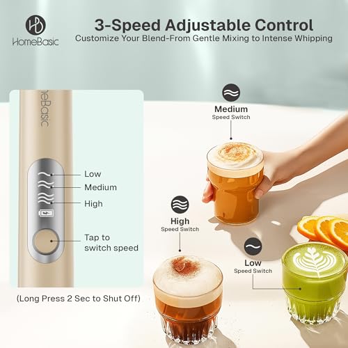 Image of HOMEBASIC Coffee Frother Electric Handheld, 3-Speed Milk Frother Rechargeable with Dual 304 SS Whisks, 8000 RPM Foam Maker for Latte, Cappuccino, Matcha, Eggs | Whisk Wave (Beige)