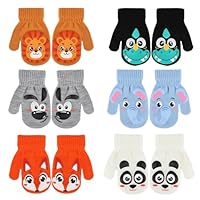 QKURT 6 Pairs Kids Winter Gloves, Toddler Magic Stretch Gloves Soft Kids Knitted Mittens Warm Full Finger Mittens with Cartoon Patterns for Boys Girls