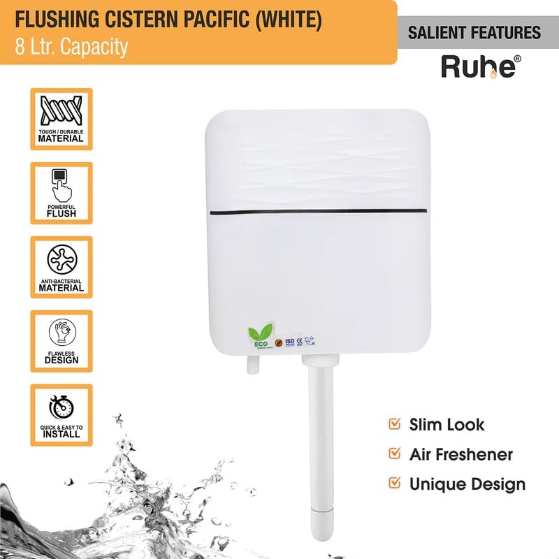 Ruheยฎ Pacific Flushing Cistern Flush Tank for Toilet | 8 Liter Water Capacity | PVC Slim Cistern Top Push Botton Flush Tank, White 1
