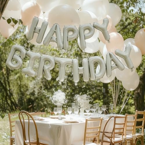 Image of Beige Happy Birthday Balloon Banner 16 Inch - Foil Happy Birthday Letters Balloons Neutral Decor for Men Women Birthday Party Decorations, Reusable Birthday Sign Supplies