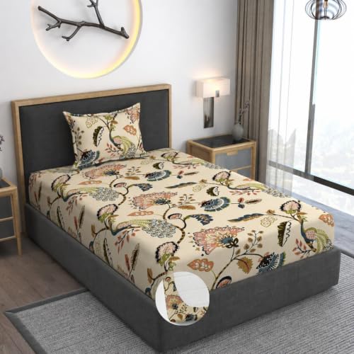 Image of Vram Premium Heavy Cotton Elastic Fitted Bedsheets with 1 King Size Pillow Covers || Single Bed with All Around Elastic 350 TC || 36 x 78 x 6 Inch Single Size Fitted || :- Jaipuri Peacock