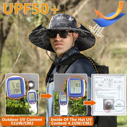 Image of Wide Brim Solar Fan Outdoor Hat, Outdoor Wide Brim Sun Hat with 2 Solar Fan Sun Bucket Hat for Men,UPF50+ Sun Fishing Hat(Gray)