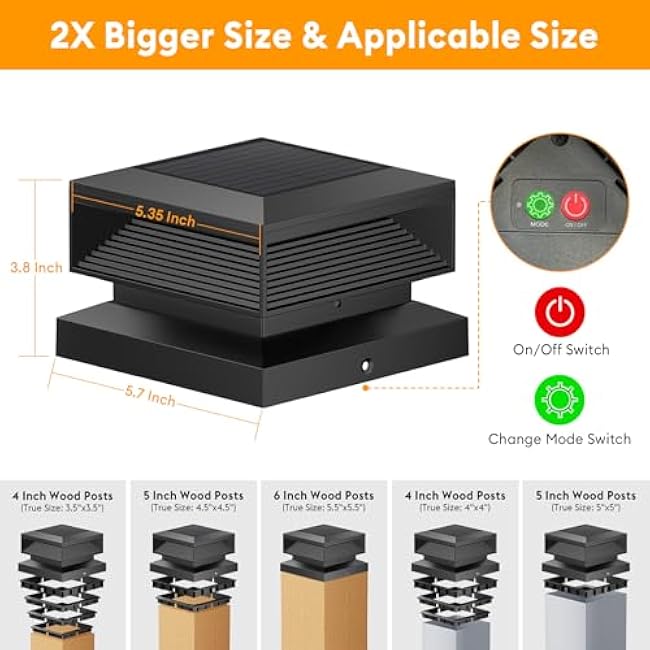 LETMY 2X Bigger Size Solar Post Cap Lights for 4x4 5x5 6x6 Vinyl Wooden Posts