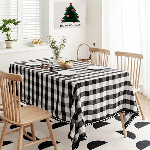 Jubilantex Black and White Square Buffalo Plaid Tablecloth Tablecloth with Tassel Rustic Linen Textured Farmhouse Table Cover for Kitchen Dining Table Top 54 x 54 inch