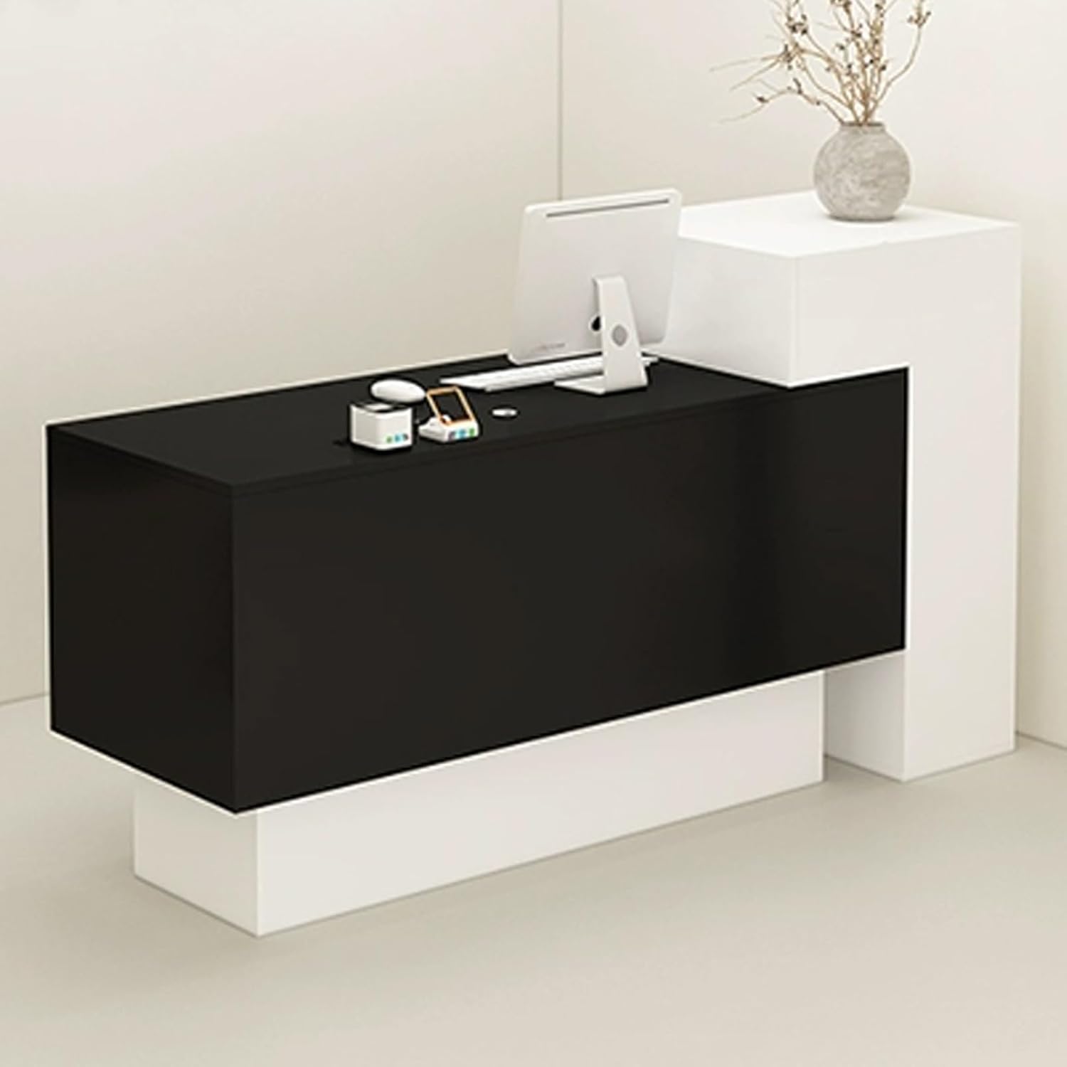 JKGHK Reception Desk, Front Counter Desk with Lockable Drawer, Reception Counter with Open Compartment Storage, for Salon Recetion Room Retail Checkout Office(Black Brown,47.2in/120cm)