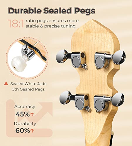 Image of Vangoa Mini 5 String Banjo 28 Inch - Travel Maple Small Beginner Kit With Tone Ring, Fiberskyn Remo Head for Kids Teens Adults