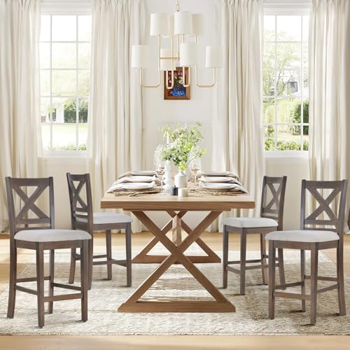 Image of COLAMY Upholstered Counter Height Bar Stools Set of 4, Modern Kitchen Island Barstools Chairs with Cross Back and Wood Legs for Dining Room Bar, Light Brown Wash