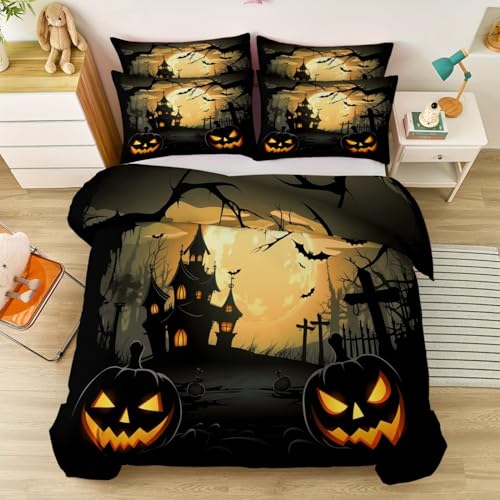 Funda Nórdica de Halloween 200 x 200 cm - Cabeza De Calabaza Embrujada Casa Murciélago Juego de Funda Nórdica de Fácil Cuidado 3 Piezas, Negro Suave Microfibra para Niños Niñas Adolescente