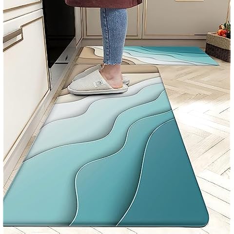 tubeamin Blue Kitchen Mats for Floor Anti Fatigue Mats for Kitchen Floor Blue Kitchen Rugs Cushioned Memory Foam Non Slip PVC Leather Padded Comfort Standing Kitchen Rugs Set of 2, Modern Beach Design Cover