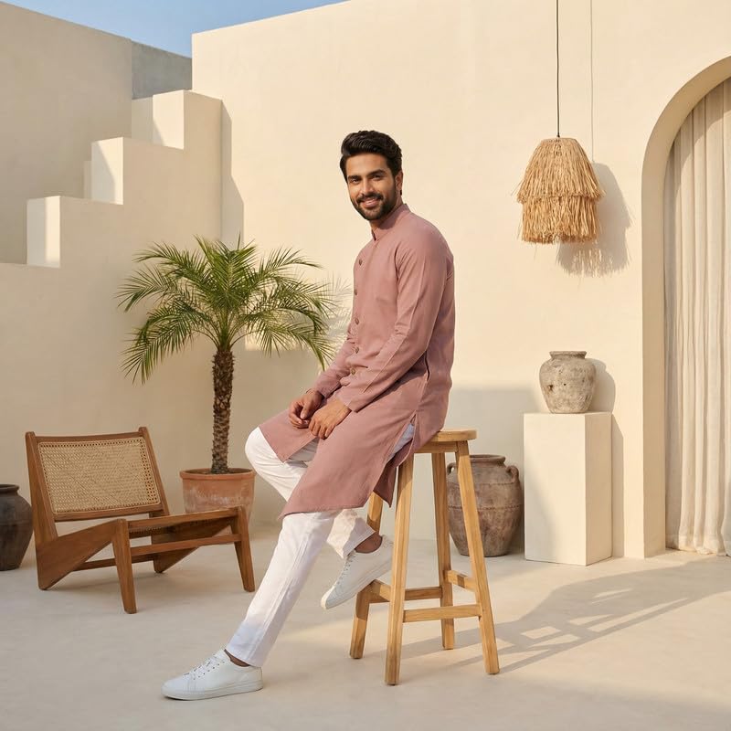 Image of OOMPH! Men's Ethnic Traditional Asymmetric Kurta Polycotton Regular Fit | High Neck Full Sleeves | Traditional Indian Festive Kurta | Stylish Casual and Wedding