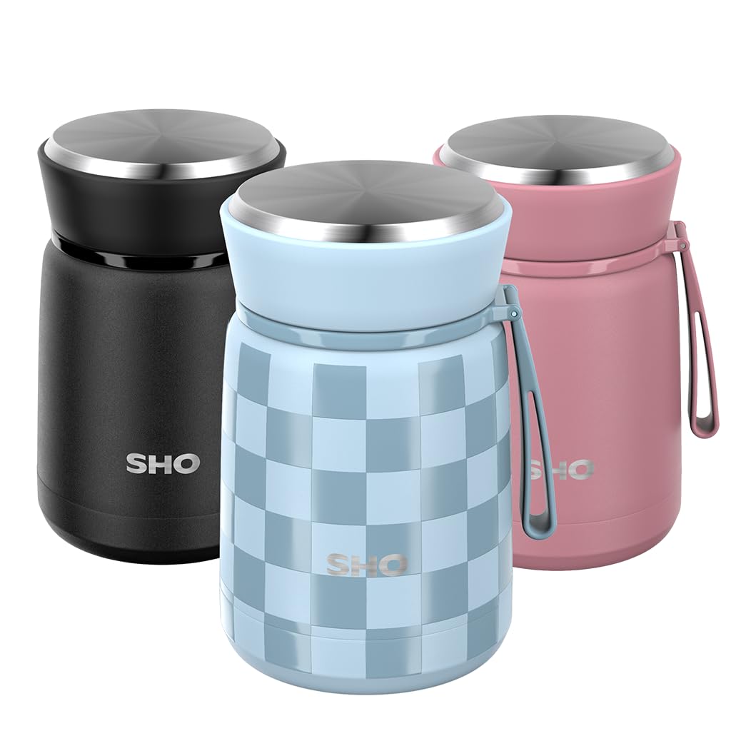 SHO Food Flask - Vacuum Insulated, Double Walled Stainless Steel Food Flask & Food Container - 10 Hours Hot & 20 Hours Cold - 530ml 800ml - BPA Free (Checked Blue, 530ml) โ image 1