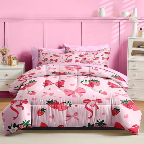 Image of Nesker Bow Comforter Set Twin Size, 5 Pieces Bed in a Bag, Pink Bow Bedding Set for Girls, Kawaii Strawberry Comforter Set with 1 Pillowcase & 1 Sham