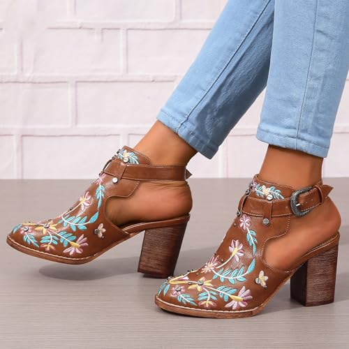 TOSOFT Comfortable Heeled Sandals For Women Fashion Embroidery Rivet Ankle Strap High Heel Sandals Large Size Shoes2