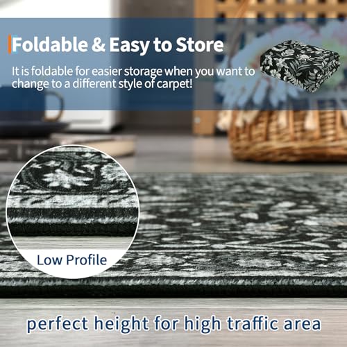 GarveeHome Botanical Area Rugs 10x13 Living Room Rug Extra Large Washable Rugs for Bedroom Soft Low Pile Farmhouse Floor Decor Non-Slip Stain Resistant Vintage Carpet for Dining Room Office, Black