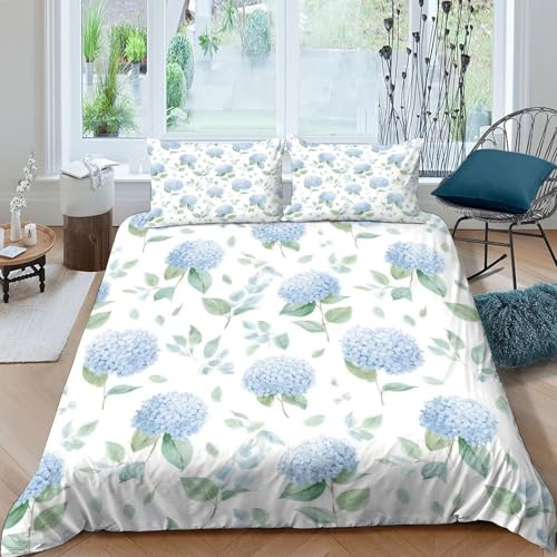 Housse de couette 3 pièces hypoallergénique bleu hydrangea lit King size - 4