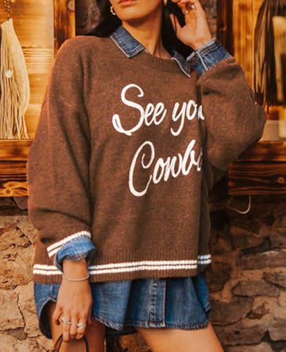 Apvirdy Women's See You Cowboy Embroidered Western Graphic Sweater Loose Crewneck Drop Shoulder Sweater Ribbed Knit Pullover4