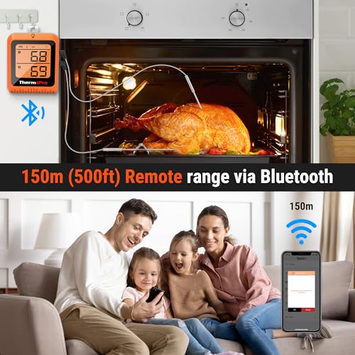 ThermoPro TempPro Fleischthermometermit 2 Sonden Grillthermometer 150 Meter, Empfängt Bluetooth Bratenthermometer mit Timer und Alarmfunktion, Thermometer Kochen für Fleisch, Grill, Ofen 3