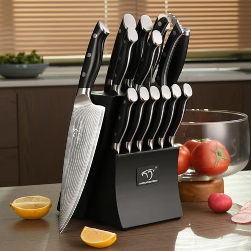 Damascus Kitchen Knife Set, 15-Piece Kitchen Knife Set with Block, ABS Ergonomic Handle for Chef Knife Set and Serrated Steak Knives Knife Sharpener and Kitchen Shears, 14 Slots Wooden Knife Block by NANFANG BROTHERS - Image 6