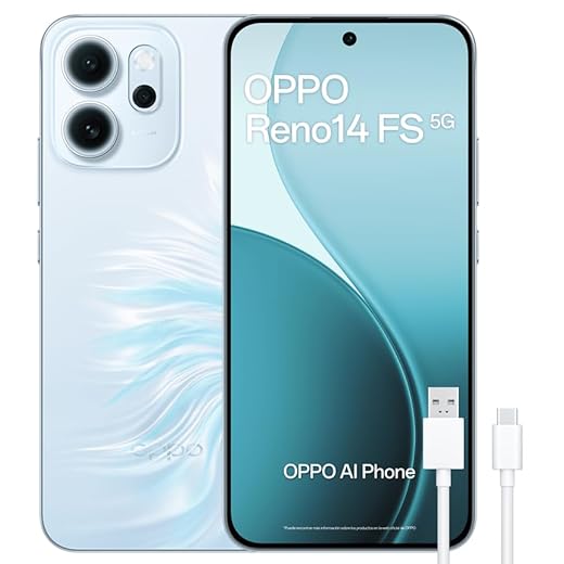 OPPO Reno14 FS 5G – Smartphone Libre con IA, 12GB RAM + 512GB, Cámara Triple 50MP, Batería 6000mAh, Carga Rápida 45W, Pantalla AMOLED 120Hz, IP69, Dual SIM, Android, Versión Española - Opal Blue