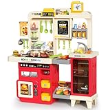 Pupu Pig Kids Kitchen Playset, Play Kitchen with Stove, Grill, Sink, Play Food, ToyKitchen Accessories, Cooking Kitchen with Lights Sound Steam, Pretend Play Toys for Kids Toddler Birthday Gifts