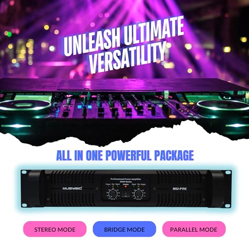 MUSYSIC 2-Channel Professional Power Amplifier – 9000W Peak PA Amp with ATR Technology – XLR/TRS Inputs, Banana Plug & Speakon Output – DJ, Karaoke Machine, Stereo Receivers