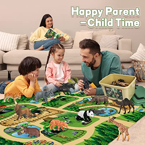 FRUSE Animals Toys with 145 x 98 cm Jumbo Play Mat, 12 Pieces Realistic Animals Farm Jungle with Lion, Elephant, Animal Figures Educational Toy, Gifts for Boys Girls 3 4 5 6 Years