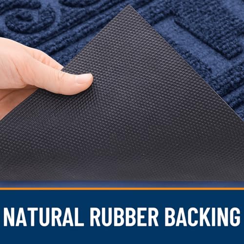 Image of OLANLY Welcome Door Mat Indoor Outdoor Entrance, Heavy Duty Sturdy Front Door Mat, Waterproof All-Weather Doormat, Stain Resistant, Low Profile, Easy Clean Patio Entryway Mat, 59 x 35, Navy Blue