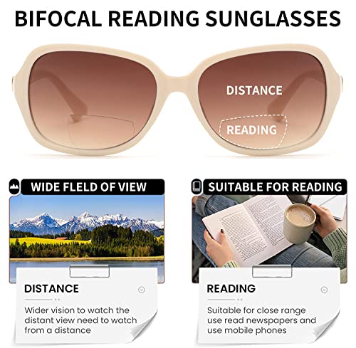 JM Bifocal Reading Sunglasses for Women Vintage Reader Glasses UV Protection Outdoor Beige +2.25 - Image 3