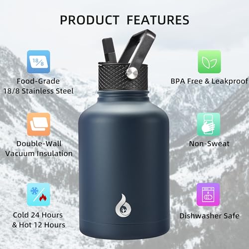 Image of BJPKPK Insulated Water Bottles with Straw Lid, 50oz Large Water Jug, Stainless Steel Vacuum Bottles, Hot & Cold Thermo with 3 Lids and Paracord Handle,Navy Blue
