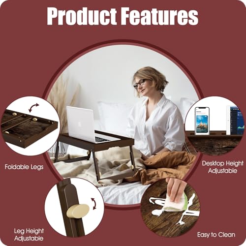 Image of Adjustable Bamboo Bed Tray Table with Device Stand, Large | Adjustable FSC-certified bamboo bed tray with telescopic legs and removable device stand for meals, laptops and reading.