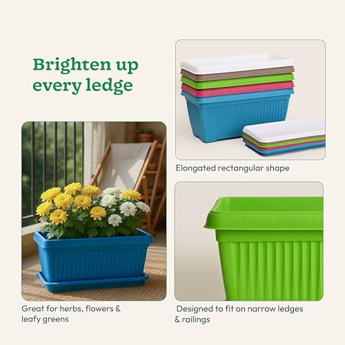 Image of UGAOO Bellow Rectangle Window Planter - Set of 5 | Multicolour | Long & Deep Planters for Balcony Railings, Windowsills & Gardens | Lightweight, Durable & Recyclable | Matte Finish