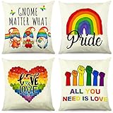 Pride Rainbow LGBT Pillow Covers 18x18 Set of 4, Gay Pride Lesbian Pride Homosexual Love Heart Gnome