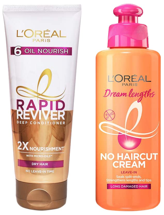 Image of L'Oreal Paris Dream Lengths No Haircut Cream Leave-In Conditioner, 200ml & L'Oreal Paris Rapid Reviver 6 Oil Nourish Deep Conditioner, 180ml