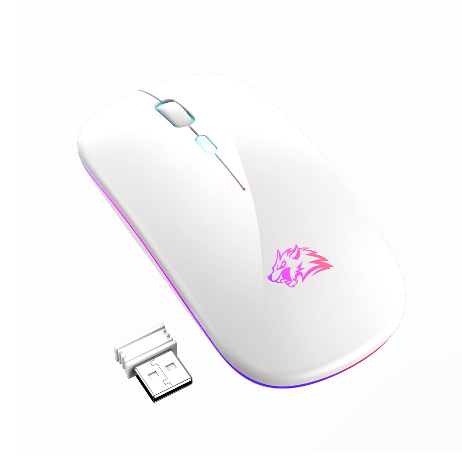 JUSHZ Souris sans Fil Ergonomique Gamer Bluetooth Silencieuse Gaming Suivi Optique Rechargeable Lampe De Respiration Colorée PPP Réglable (11X8X2CM,White)