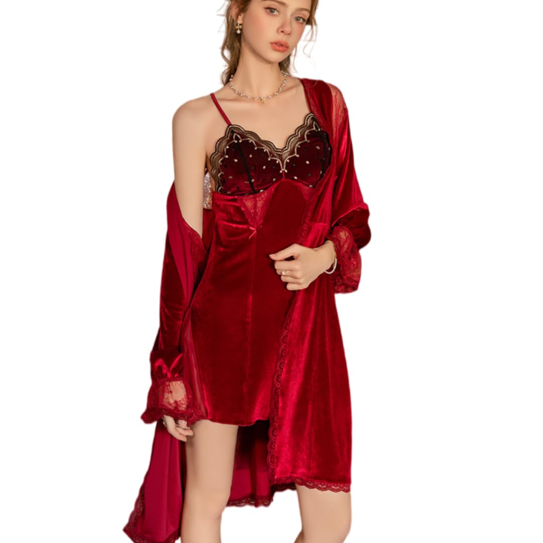 Vestaglia Donna Completo Camicia Da Notte/Vestaglia In Velluto Ricamato